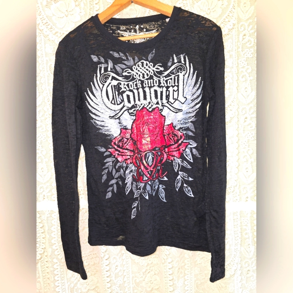 Rock & Roll Cowgirl Black Long Sleeve Top, Rhinestone T-shirt, Bling Tee, Wings